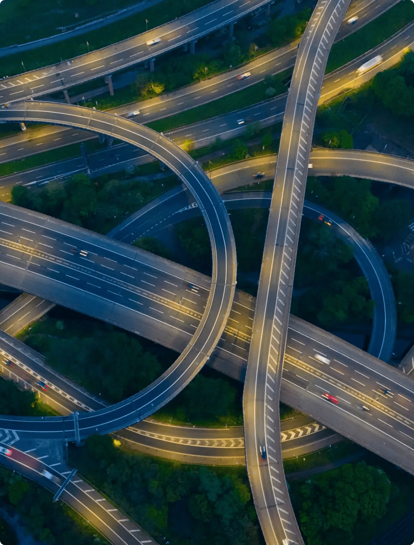 Complex highway network at night
